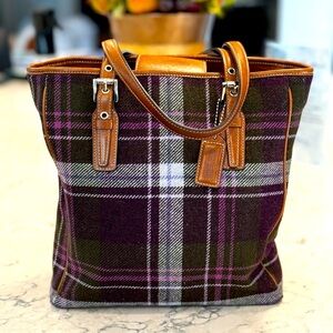 Coach tote leather trim with purple/heather tweed